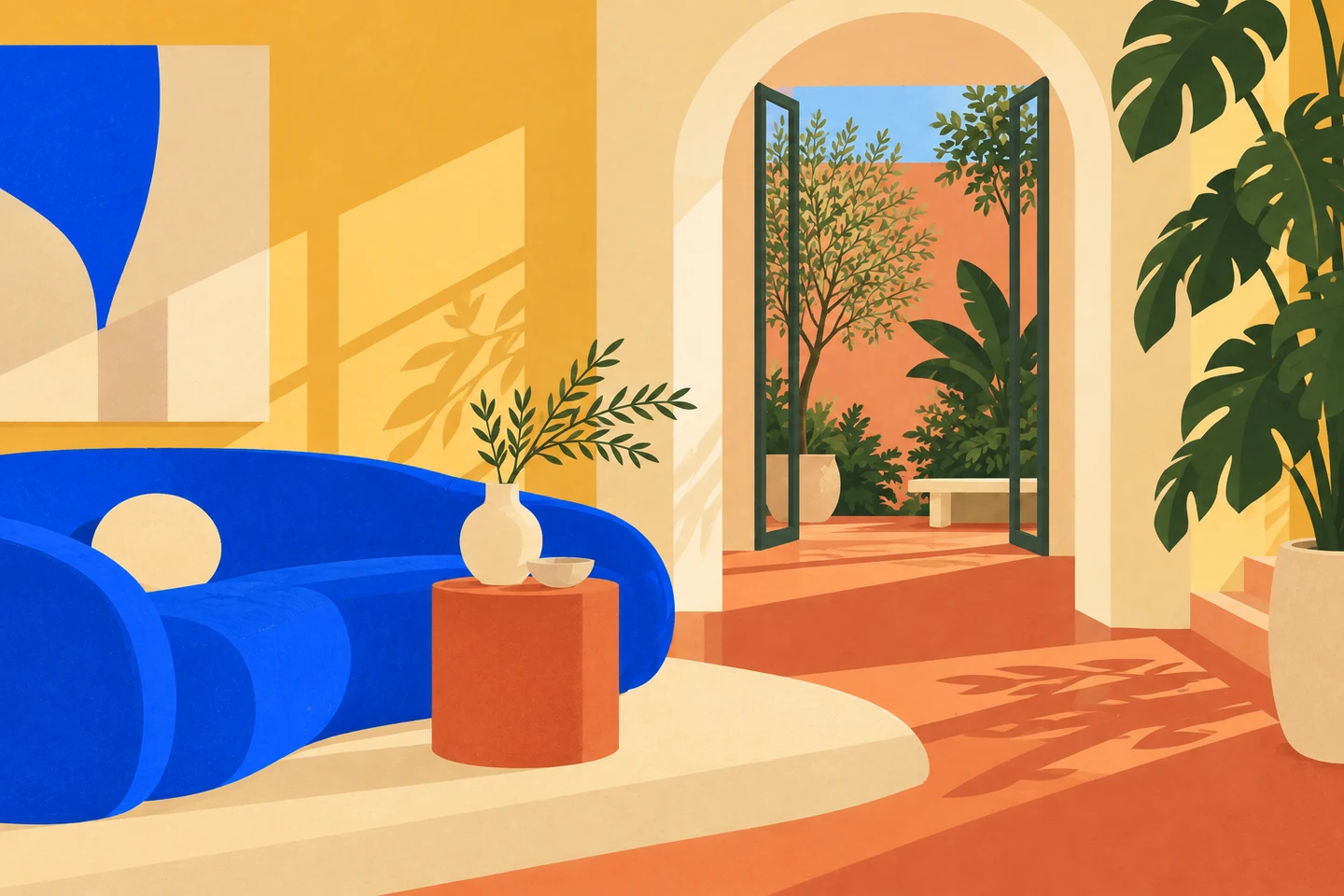 Illustratie van een interieur met een blauwe bank, warme aardetinten en een lichte doorgang naar de tuin.
