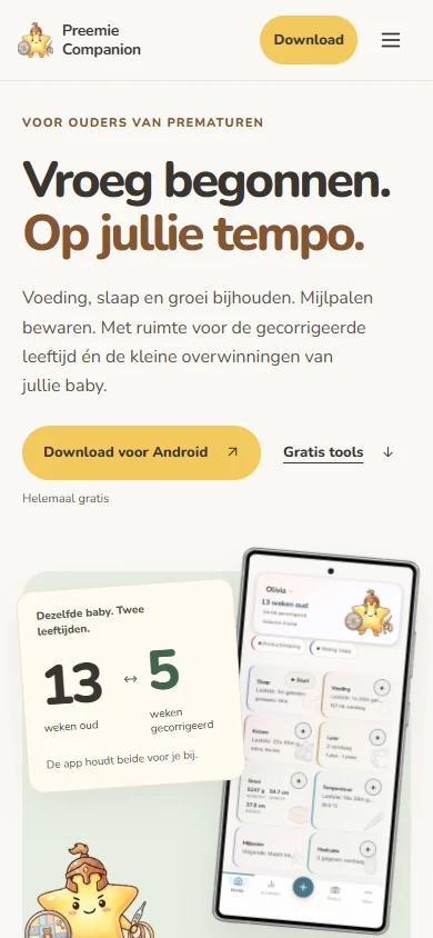 Preemie Companion op mobiel: downloadactie boven de leeftijdskaart en het appbeeld.